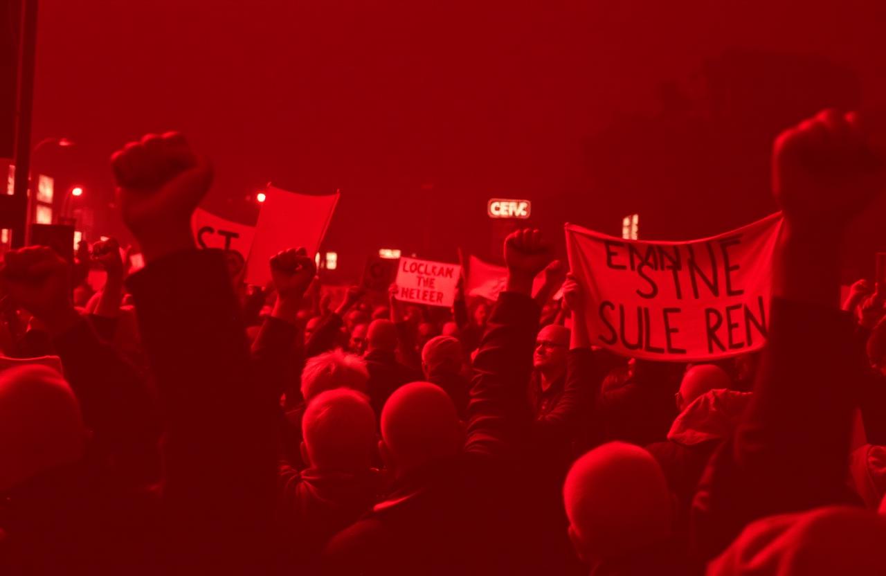 Protest crowd holding signs demanding wealth taxation under a red sky